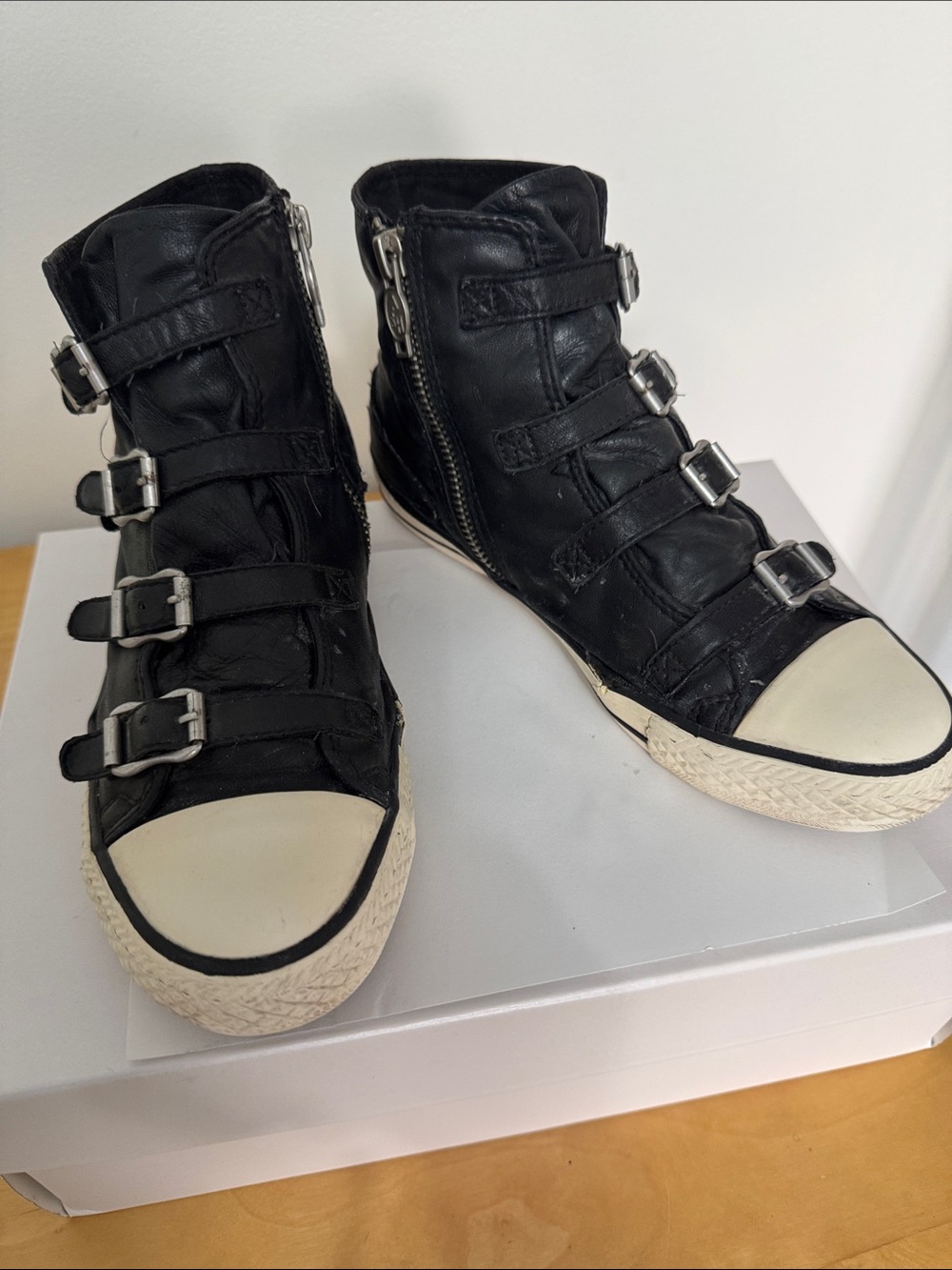 Ash Black High-Top Buckle Sneakers with Cream Toecap